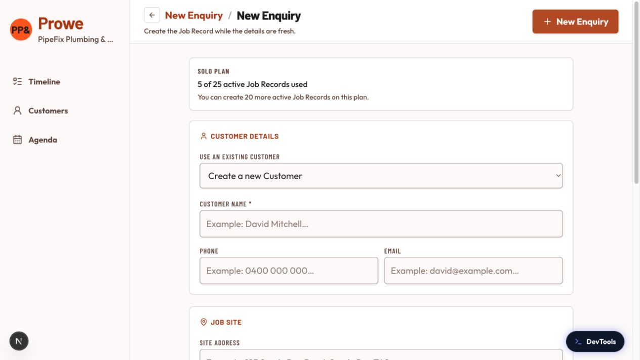 New Enquiry form with an Initial Note field